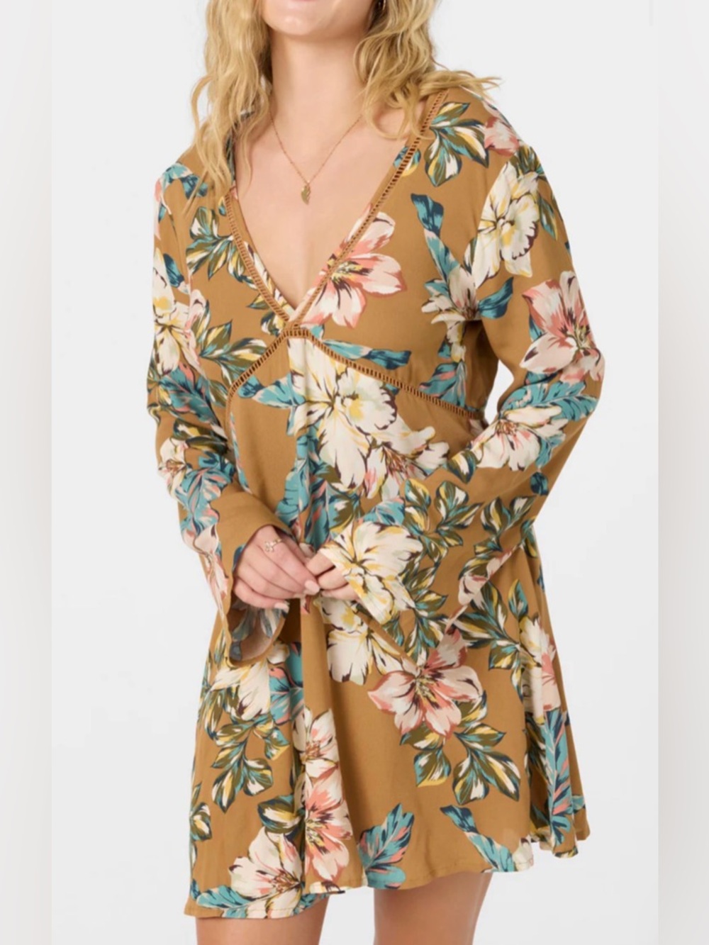 O'Neill Mustard Floral Mini Dress with Teal & Pink Accents, deep V mini dress